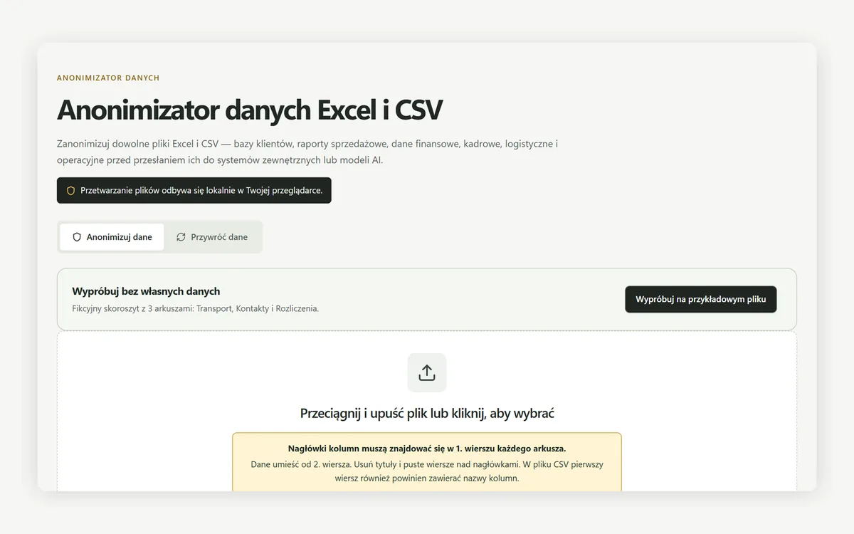 Anonimizator danych: wybór pliku Excel lub CSV, przykład na pliku demonstracyjnym i przełącznik przywracania danych